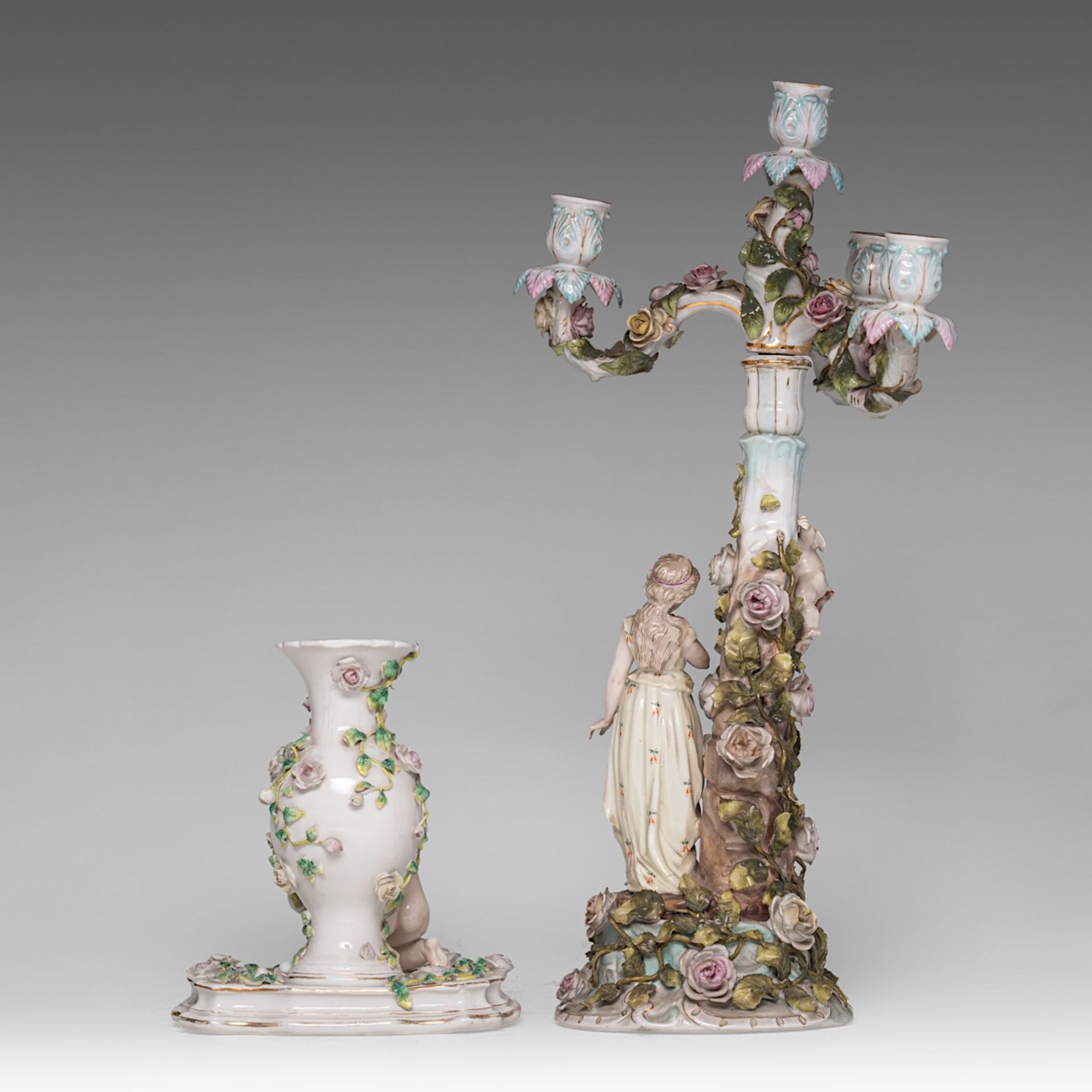 A collection of polychrome decorated Saxon porcelain figurines and a candelabra, H 51,5 cm (tallest) - Bild 4 aus 13