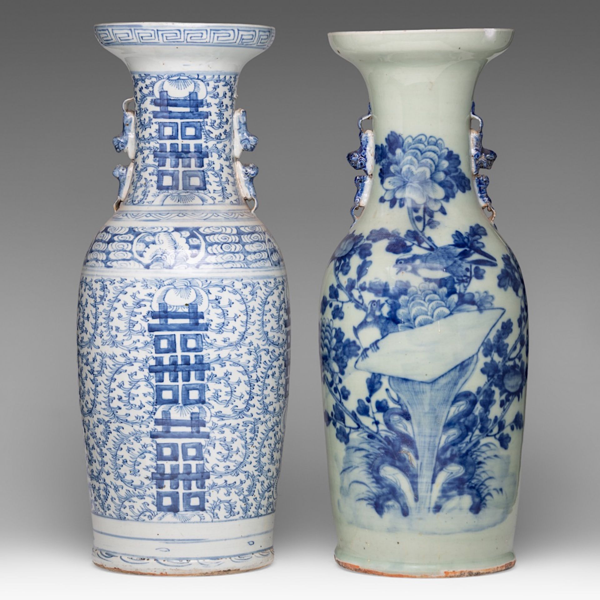 Four Chinese blue and white on celadon ground vases, including one decorated with figures, 19thC, H - Image 8 of 13