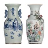 A Chinese famille rose 'cockerel' vase, Republic period, H 43,5 cm - and a blue and white on celadon