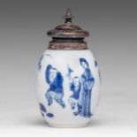 A Chinese blue and white 'Lady and boys' jarlet, with silver mount and lid, Kangxi period, H 12 cm