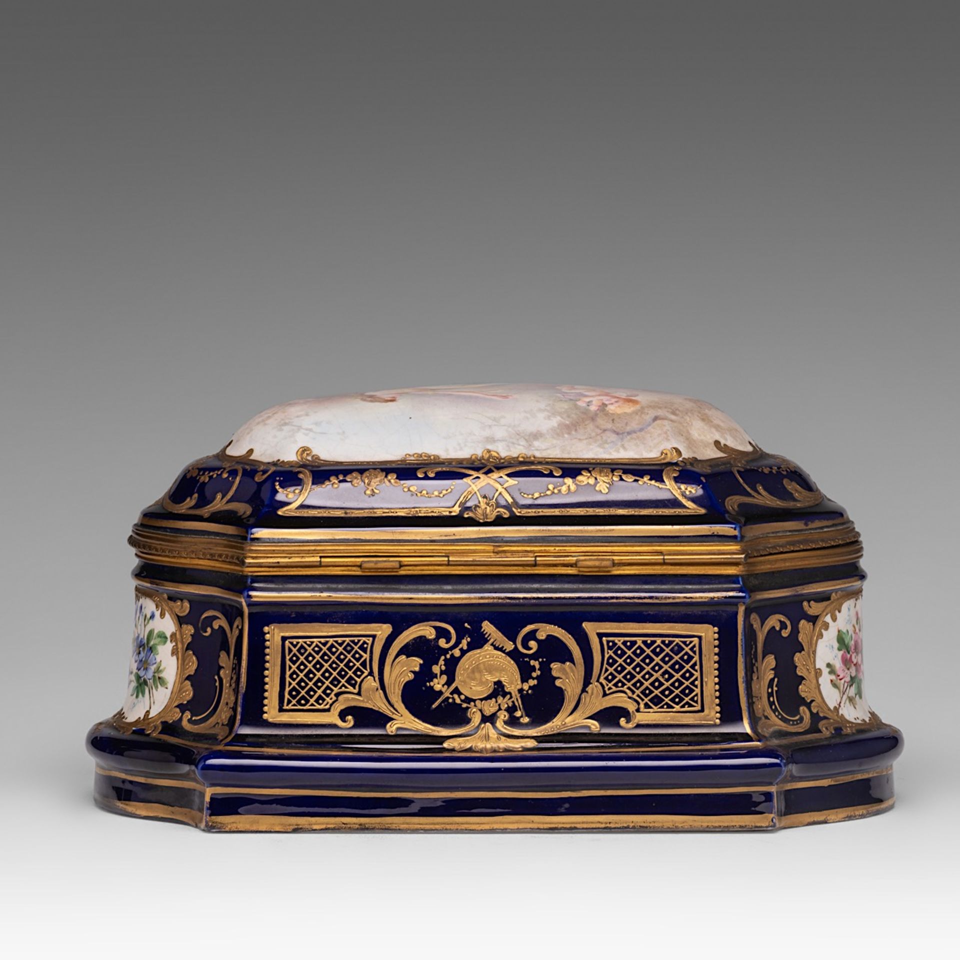 A fine bleu royale ground Sevres box with gilt decoration and hand-painted roundels, signed A. Collo - Image 4 of 12
