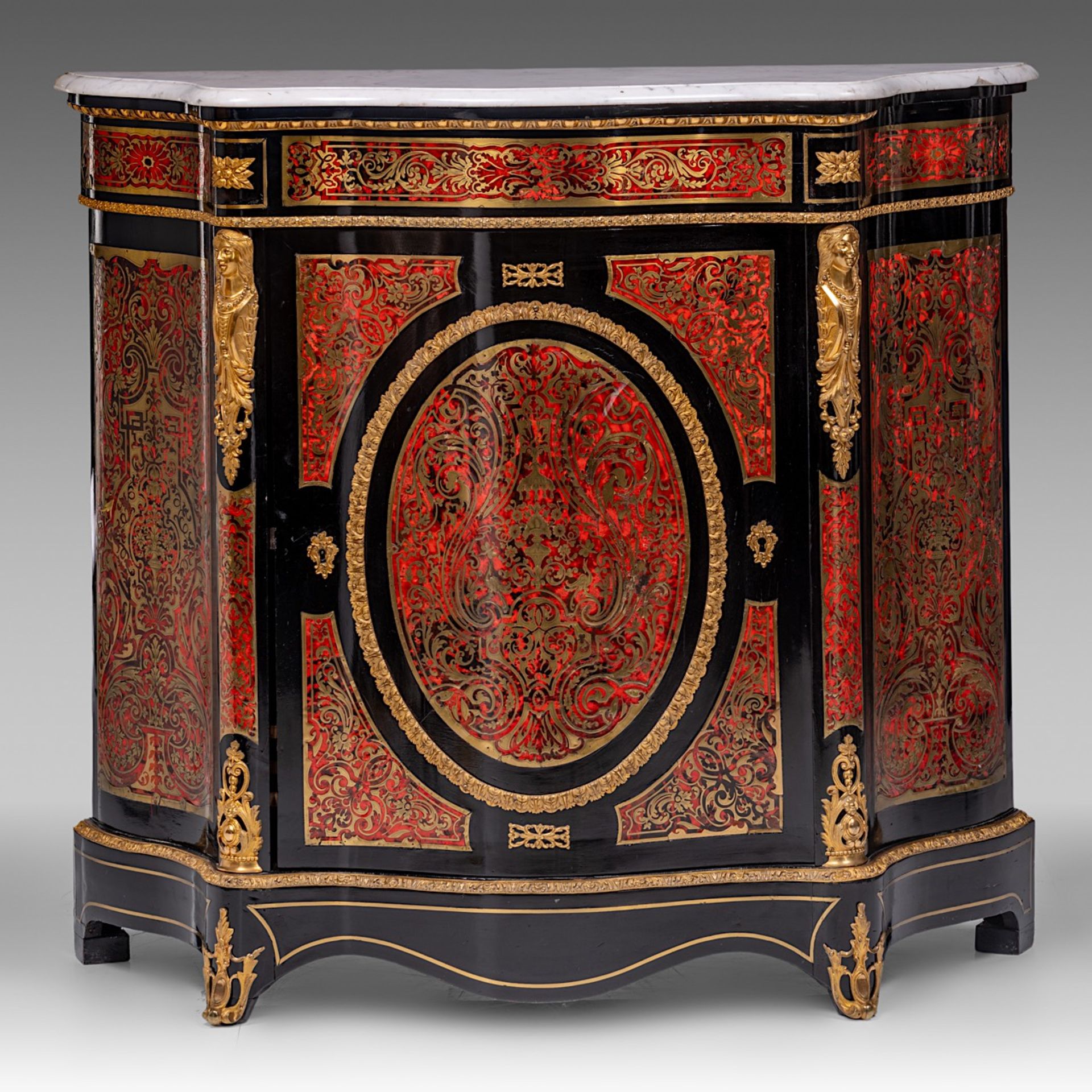 A Napoleon III Boulle work cabinet, with gilt bronze mounts and Carrara marble, H 106 - W 119 - D 43 - Bild 2 aus 12