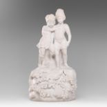 A boy and a girl stumbling across a crab on the beach, Carrara marble sculpture, H 45 cm