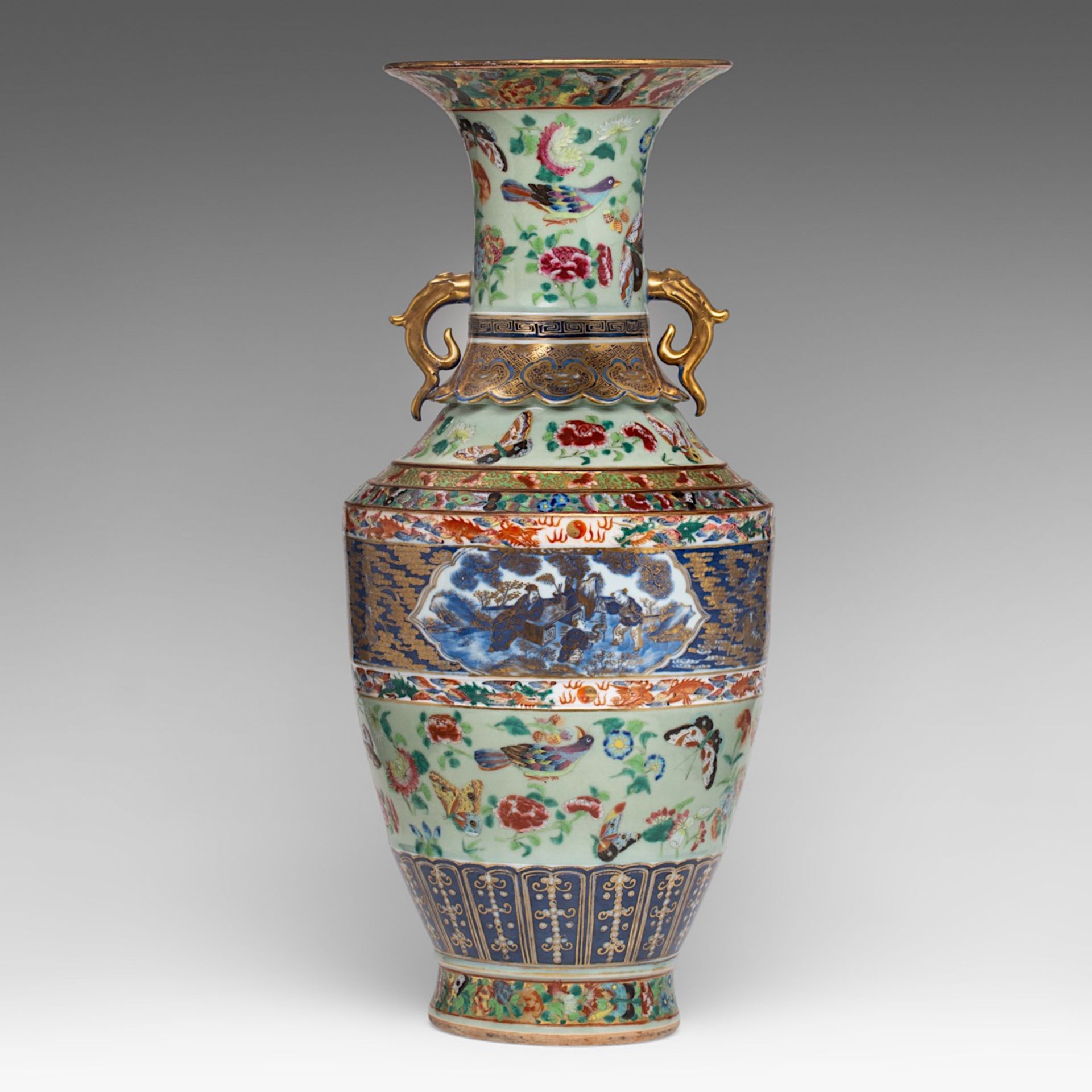 A Chinese Canton famille rose banded vase, paired with dragon handles, 19thC, H 58,2 cm
