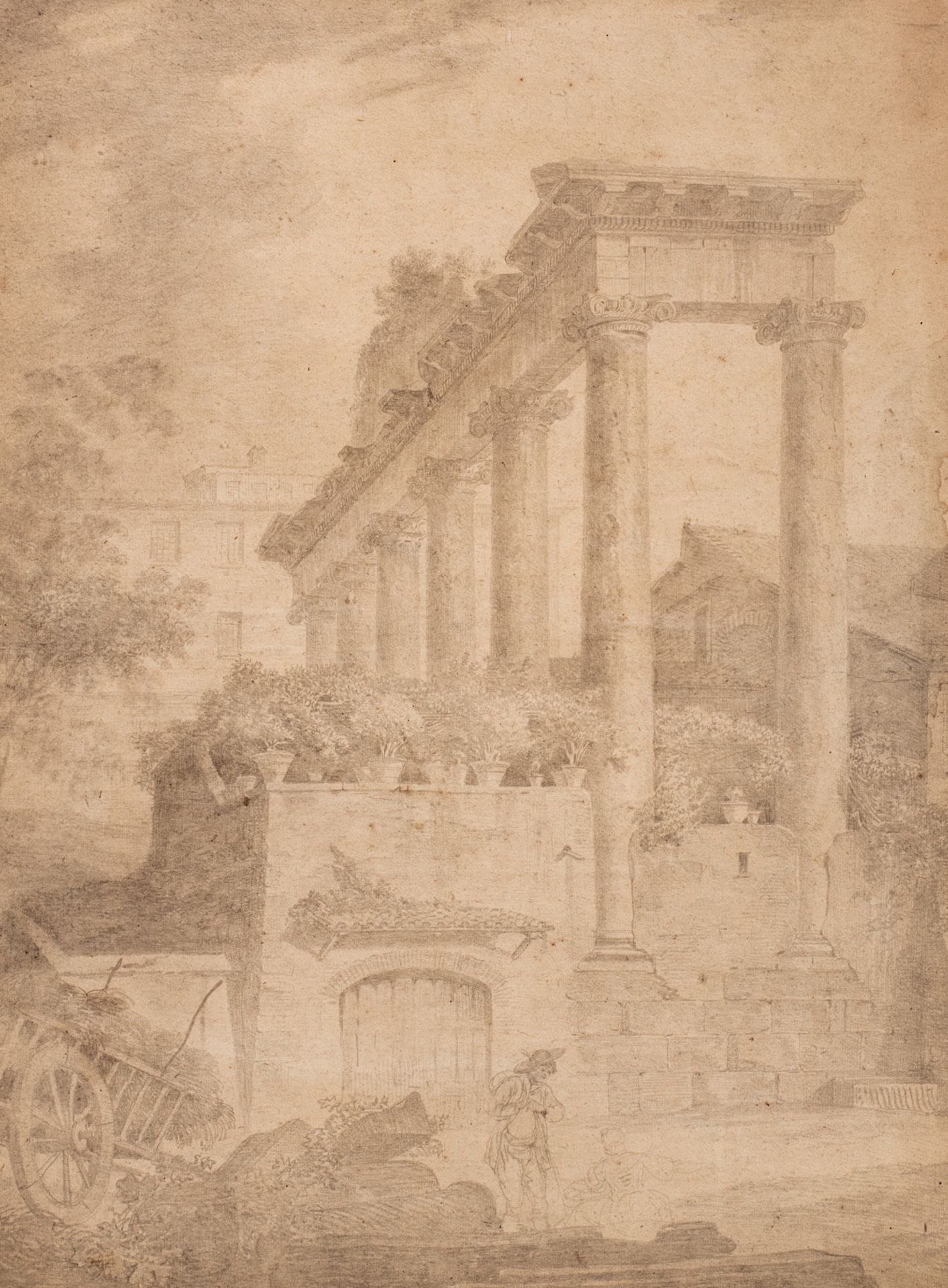 A Grand Tour pencil drawing of figures chatting near ruins in Rome, first half of the 19thC 52 x 39
