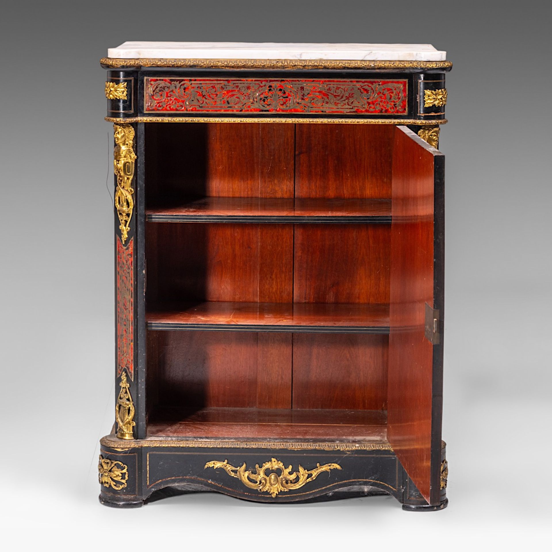 A Napoleon III 'meuble d'appui' with Boulle work, gilt bronze mounts and Carrara marble top, late 19 - Image 6 of 16