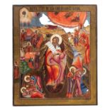 Russian Icon, The prophet Elijah flanked by scenes from his life, tempera on wood, 19thC, 45 x 37 cm