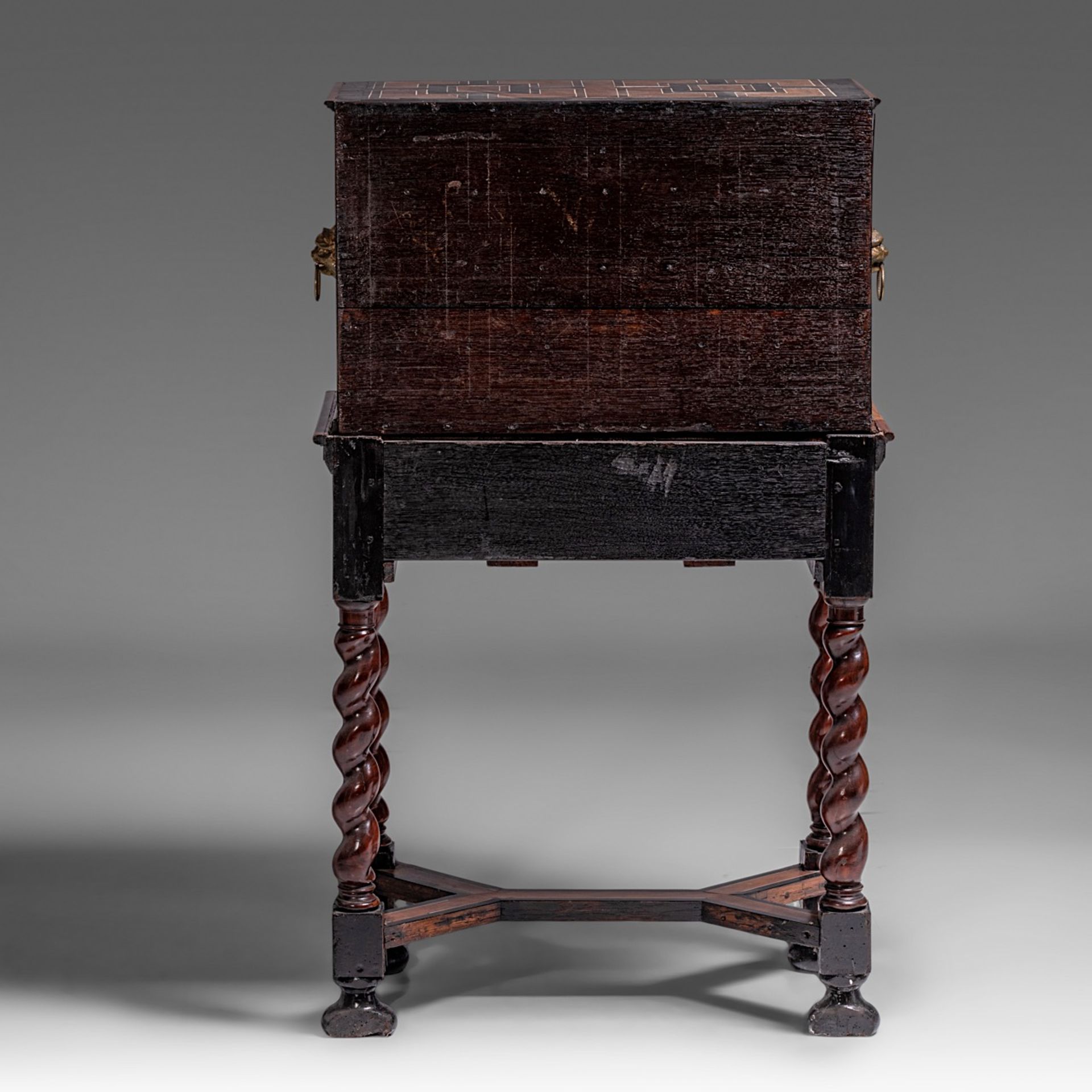 A cabinet-on-stand, ebony and rosewood veneered, the drawers decorated with ivory inlaid grotesques, - Image 4 of 7