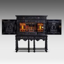 PREMIUM LOT - An exceptional 17thC French ebony and ebonised cabinet-on-stand, H 181,5 - W 163 - D 5