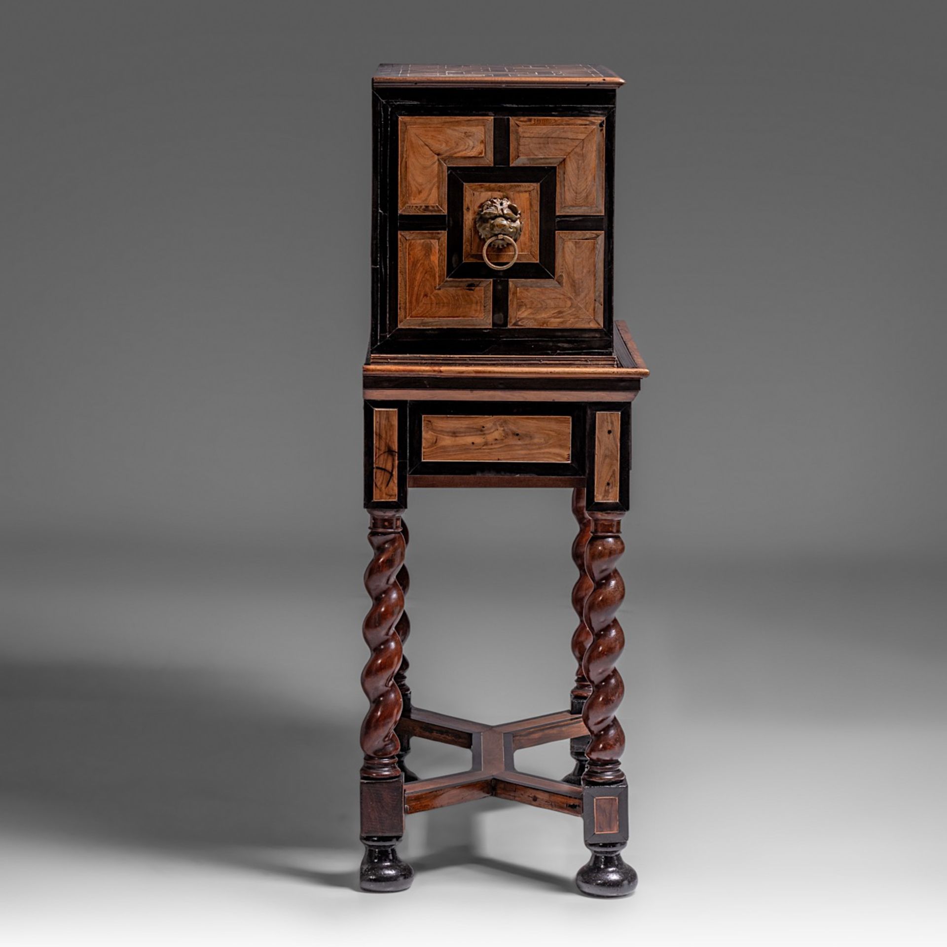 A cabinet-on-stand, ebony and rosewood veneered, the drawers decorated with ivory inlaid grotesques, - Image 5 of 7