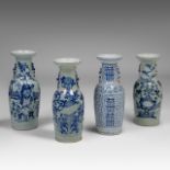 Four Chinese blue and white on celadon ground vases, including one decorated with figures, 19thC, H