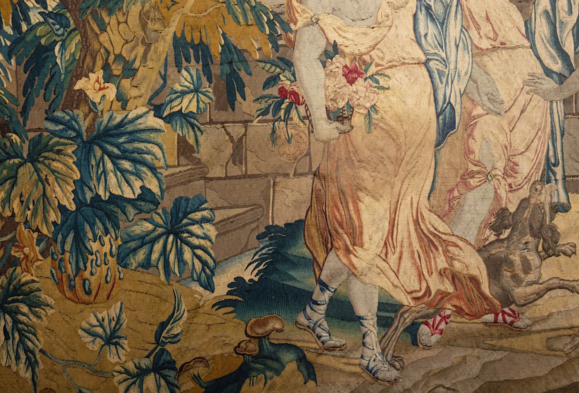 A 17th/18thC Flemish wall tapestry, 'The love of Mercury and Herse', H 239 - W 455 cm - Image 7 of 10
