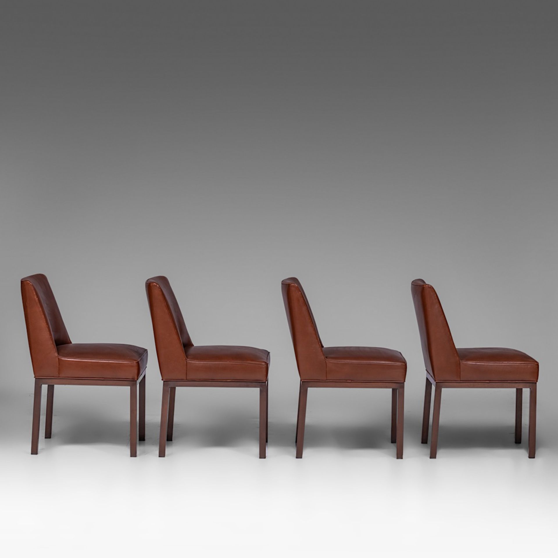 A set of four Jules Wabbes (1919-1974) chairs in brown leather and lacquered metal, H 79 cm - Image 7 of 9