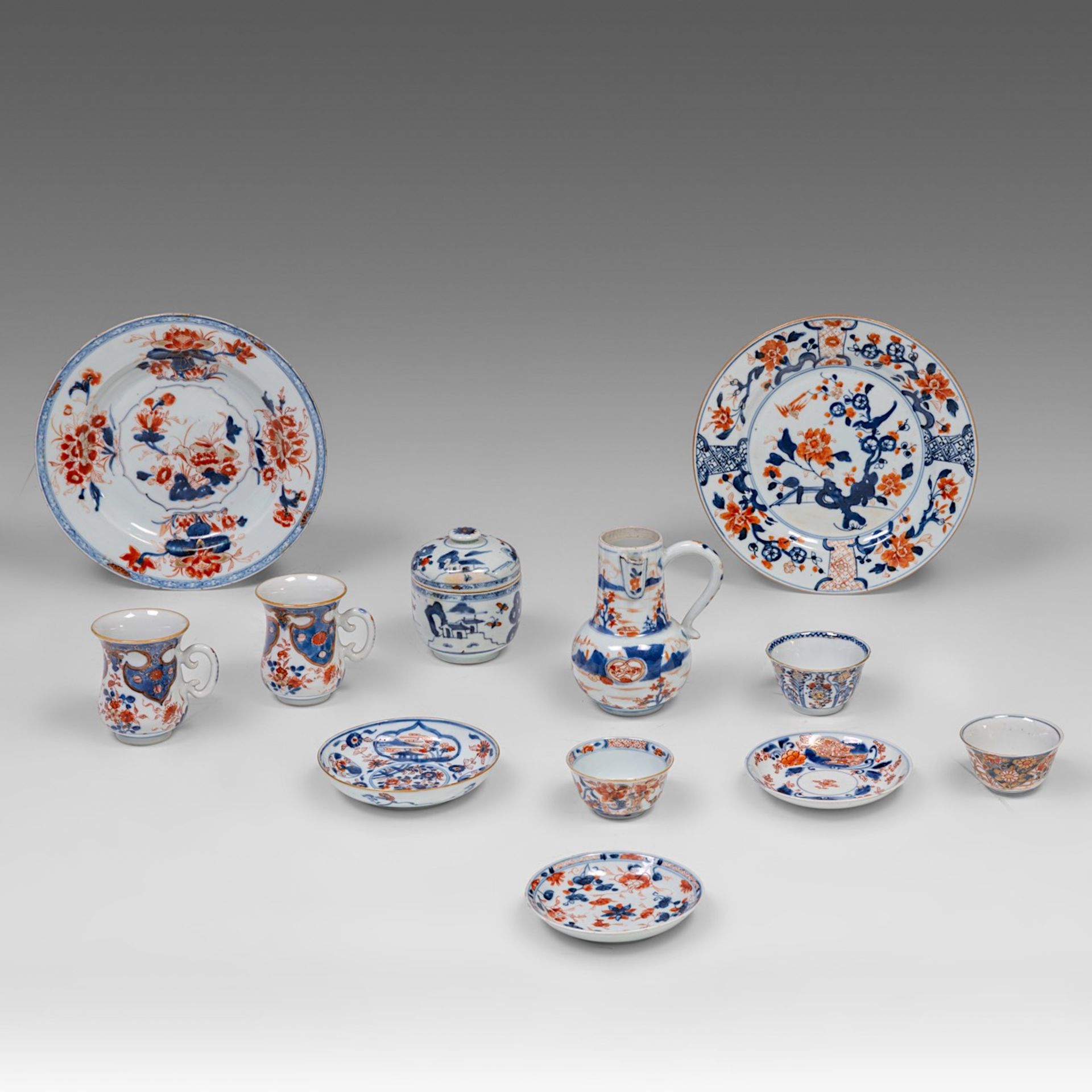 A collection of Chinese Imari tea ware, including two fine coffee mugs, 18thC, largest dia 22,5 cm (