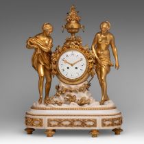 A Neoclassical Carrara marble and gilt bronze mantle clock, late 19thC, H 59 - W 45 cm