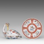 A Samson porcelain copy of a Japanese Kakiemon bird tub and a ditto dish, H 17 - dia 22 cm