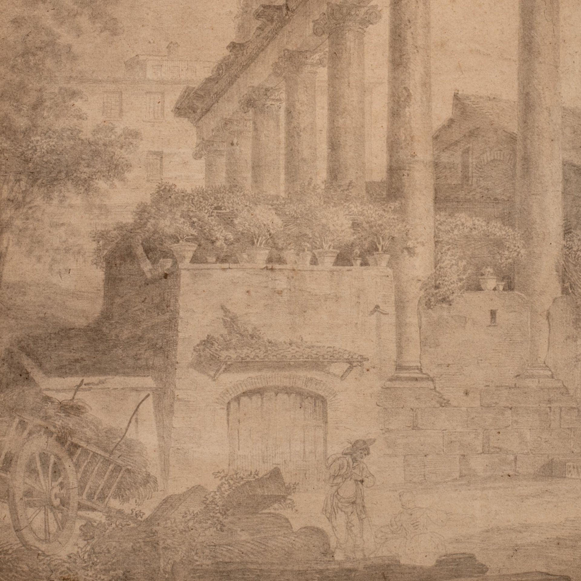 A Grand Tour pencil drawing of figures chatting near ruins in Rome, first half of the 19thC 52 x 39 - Image 5 of 5