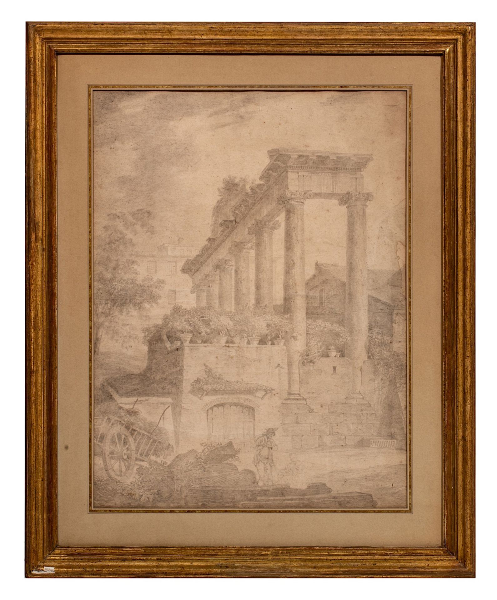 A Grand Tour pencil drawing of figures chatting near ruins in Rome, first half of the 19thC 52 x 39 - Image 2 of 5
