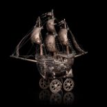 A silver nef sailing ship, H 25,5 cm, total weight: Ca. 463 g