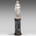 An imposing Carrara marble sculpture of a lady with flowers, presented on a marble column, H 110 - 2