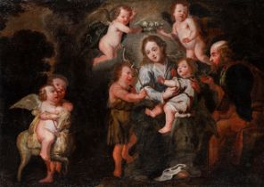 The Holy Family surrounded by angels, Antwerp School, 17thC, oil on canvas 75 x 105 cm. (29.5 x 41.3