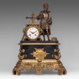 A Historismus gilt and patinated bronze and marble historismus pendule, H 52 cm