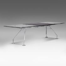 A design 'Nomos' desk, glass and leather on a chromed metal frame, Tecno edition, H 73 - W 280 - D 1