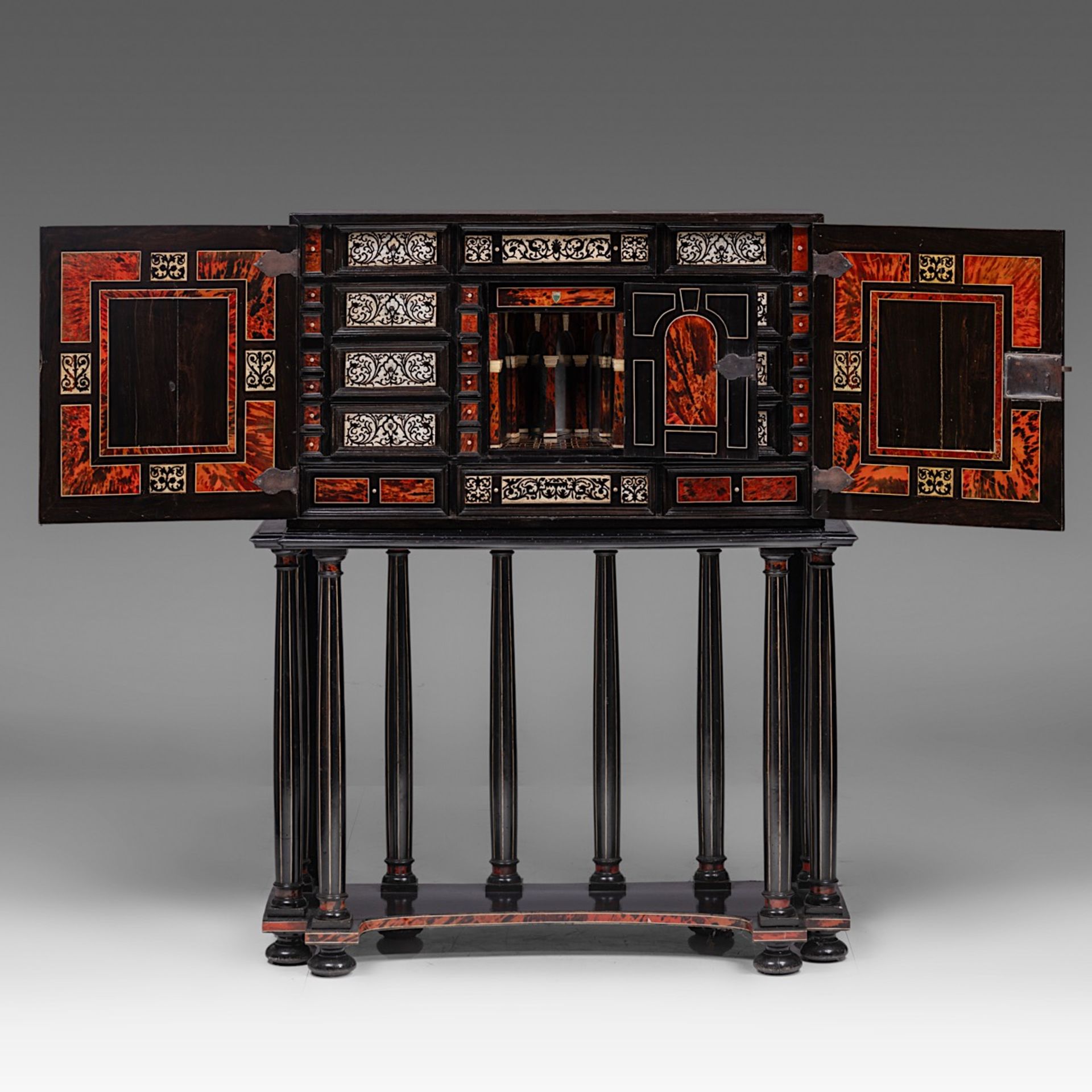 A 17thC Flemish Antwerp ebony, ivory and tortoiseshell cabinet-on-stand, H 137 cm (total) (+) - Image 5 of 9