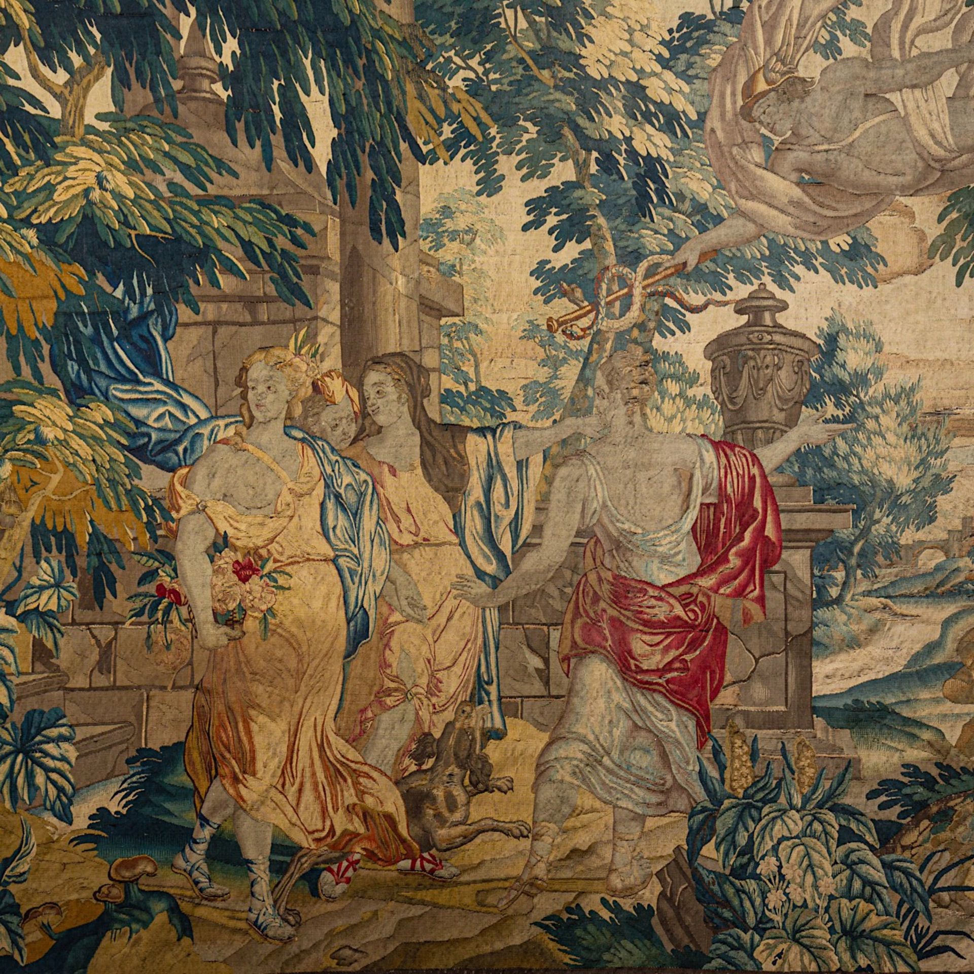 A 17th/18thC Flemish wall tapestry, 'The love of Mercury and Herse', H 239 - W 455 cm - Image 3 of 10