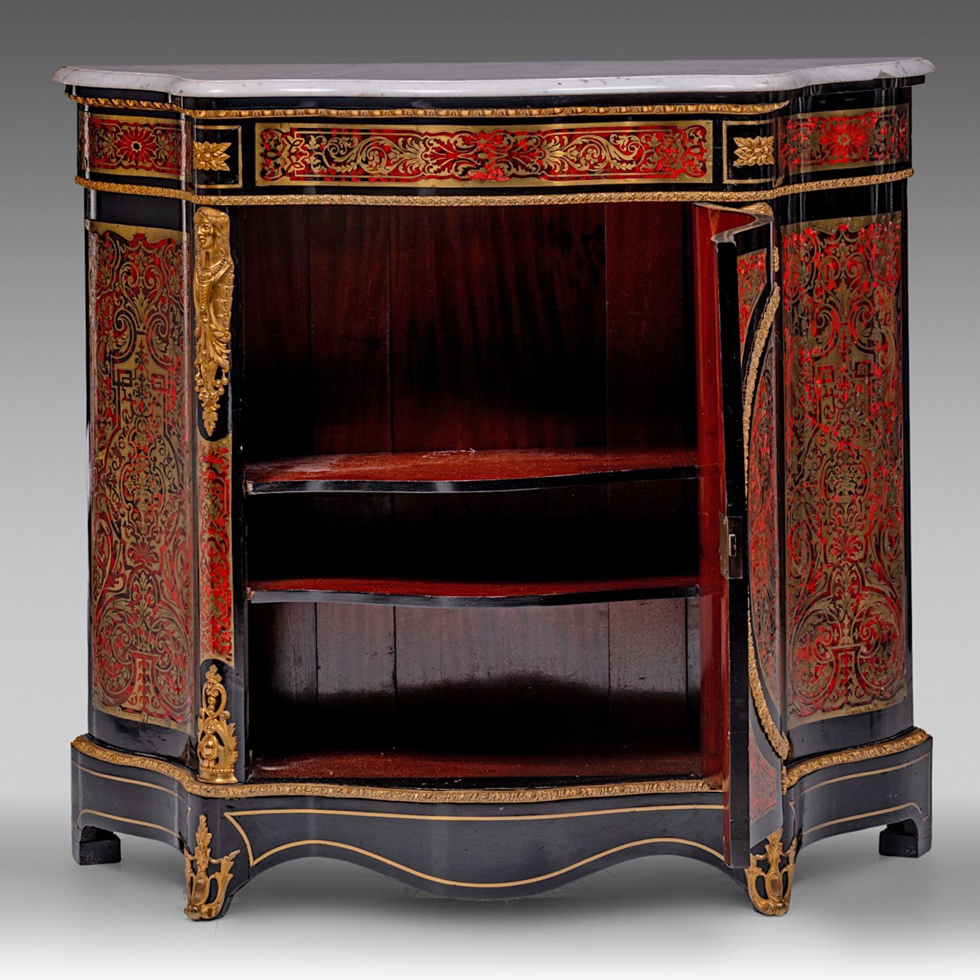 A Napoleon III Boulle work cabinet, with gilt bronze mounts and Carrara marble, H 106 - W 119 - D 43 - Bild 3 aus 12