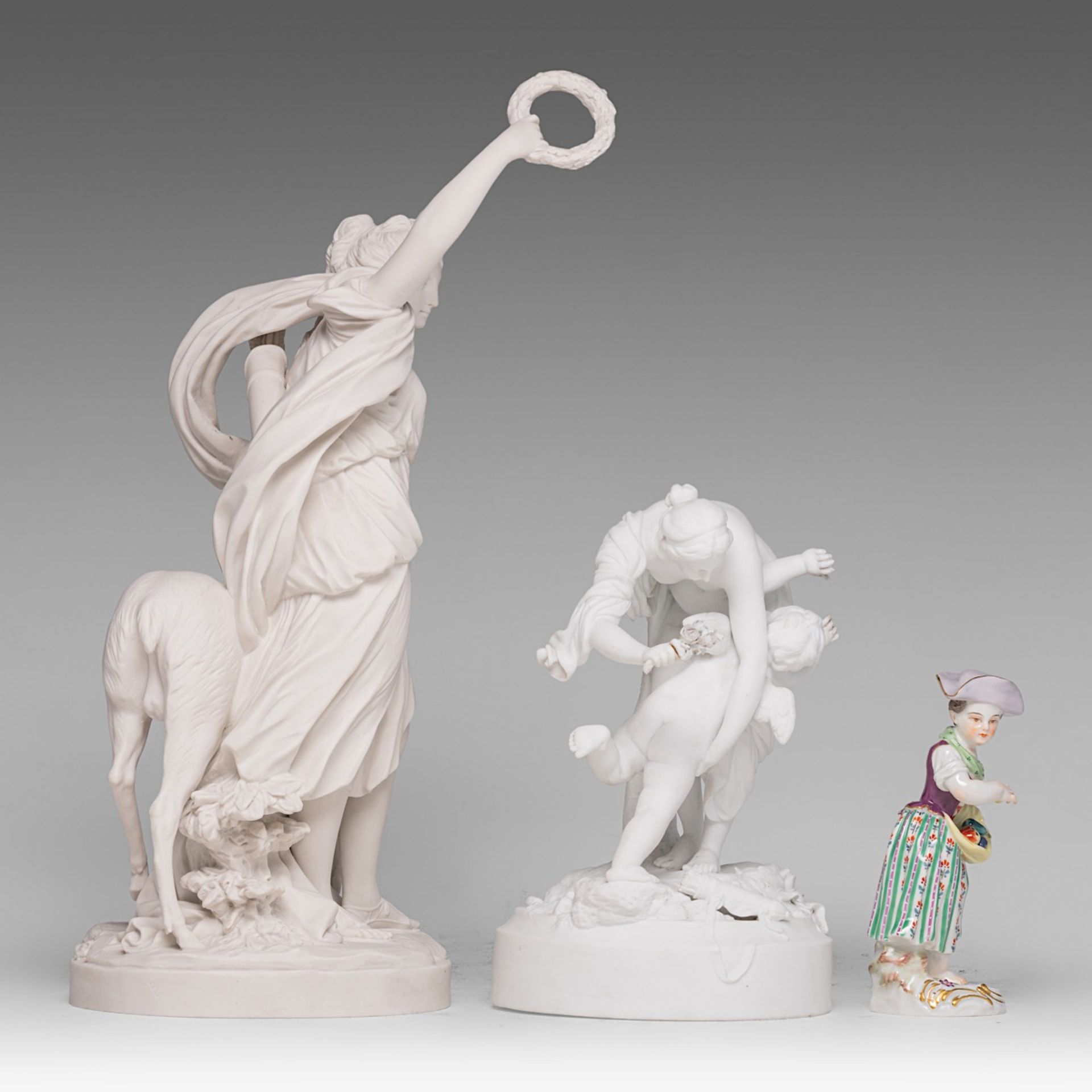 A collection of two biscuit groups and a Meissen polychrome porcelain figurine, H 13,5 - 37,5 cm - Image 4 of 7