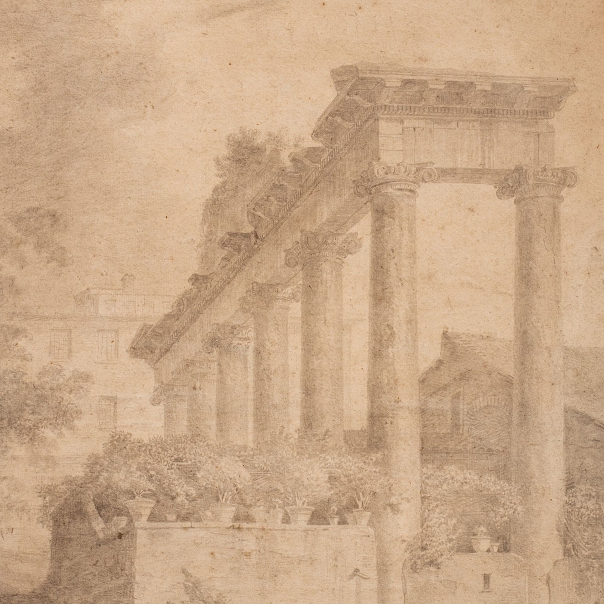 A Grand Tour pencil drawing of figures chatting near ruins in Rome, first half of the 19thC 52 x 39 - Image 4 of 5