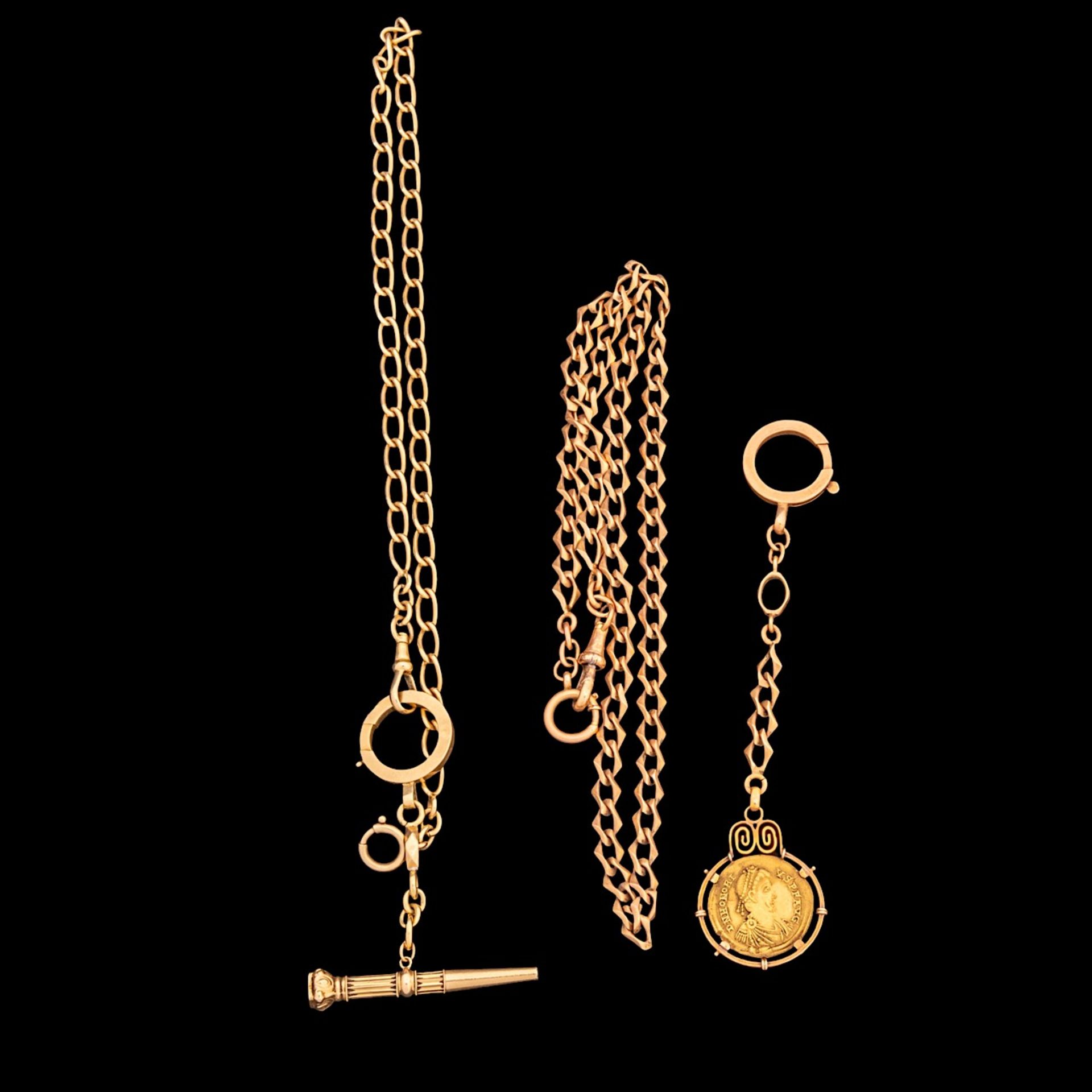Three 18ct gold watch chains, total weight 71 g.