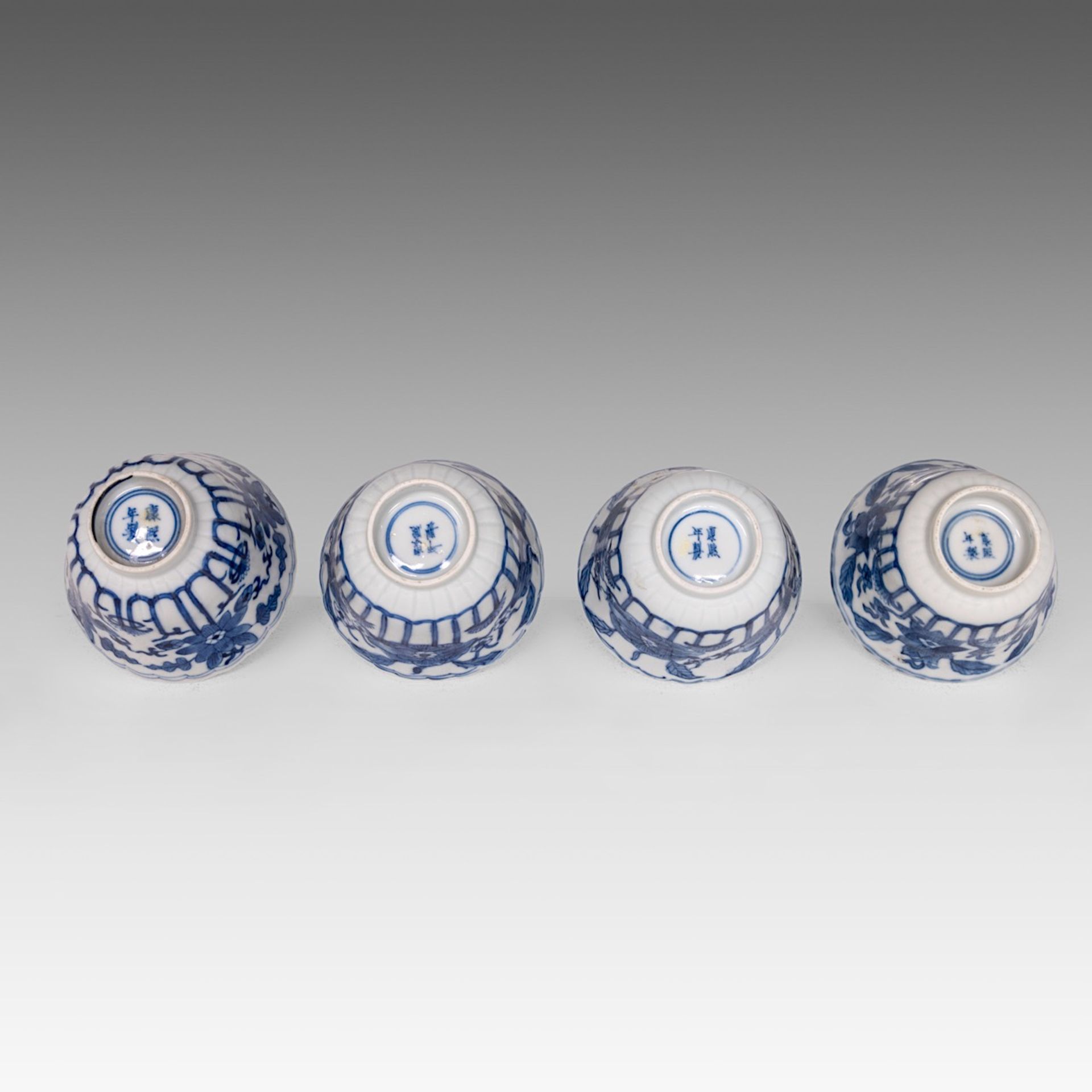 Six matching sets of Chinese blue and white floral decorated tea cups and saucers, Kangxi period, di - Image 12 of 17