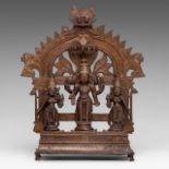 An Indian bronze altar of Lord Vishnu, Bhuderi and Lakshmi, 19thC, H 22,5 - L 18 cm