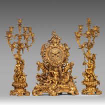 A Rococo style gilt bronze three-piece mantle clock, decorated with Venus and Neptune, H 59 - 68 cm