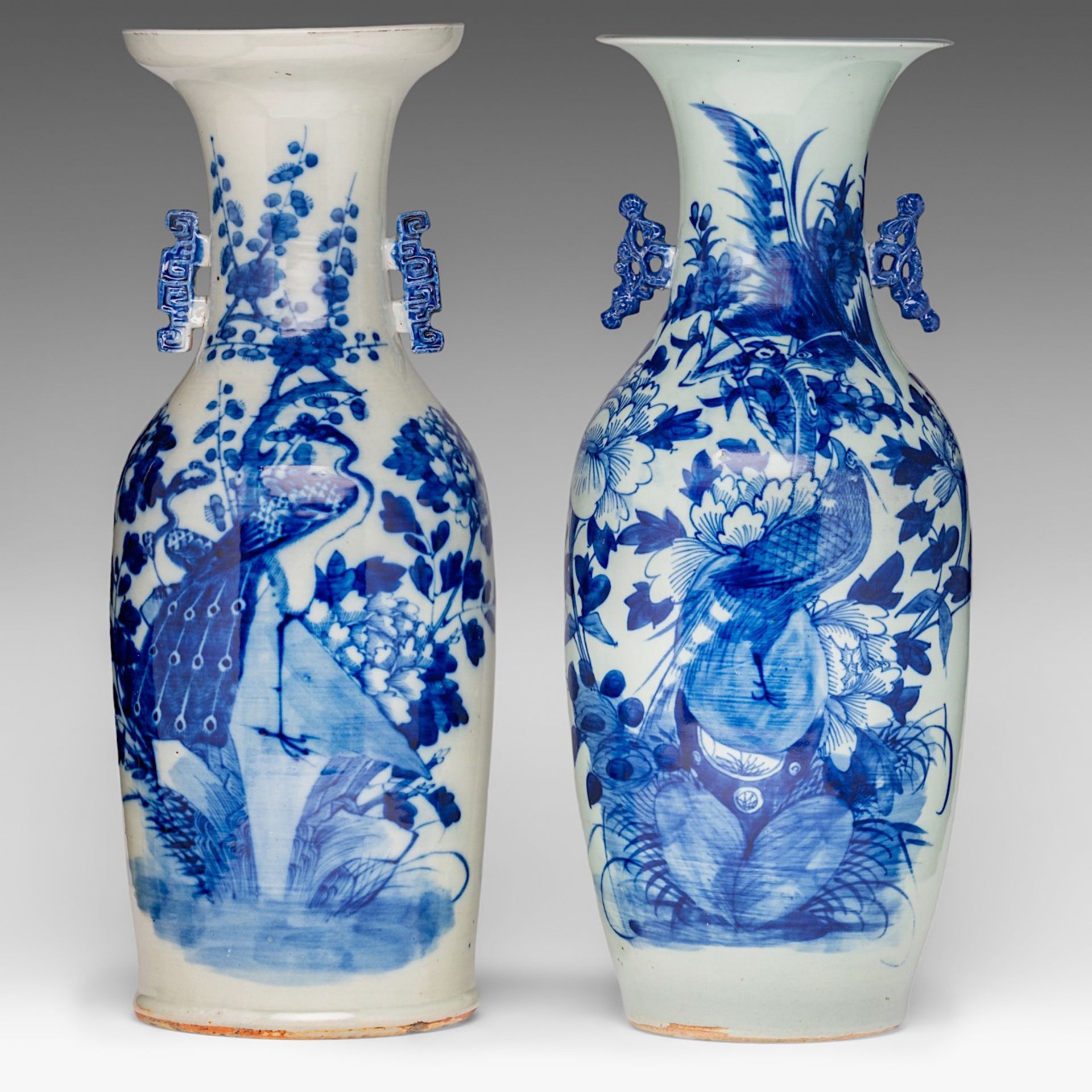 Four Chinese blue and white on celadon ground 'Flowers and birds' vases, late 19thC, H 57 - 58 cm - Image 6 of 13