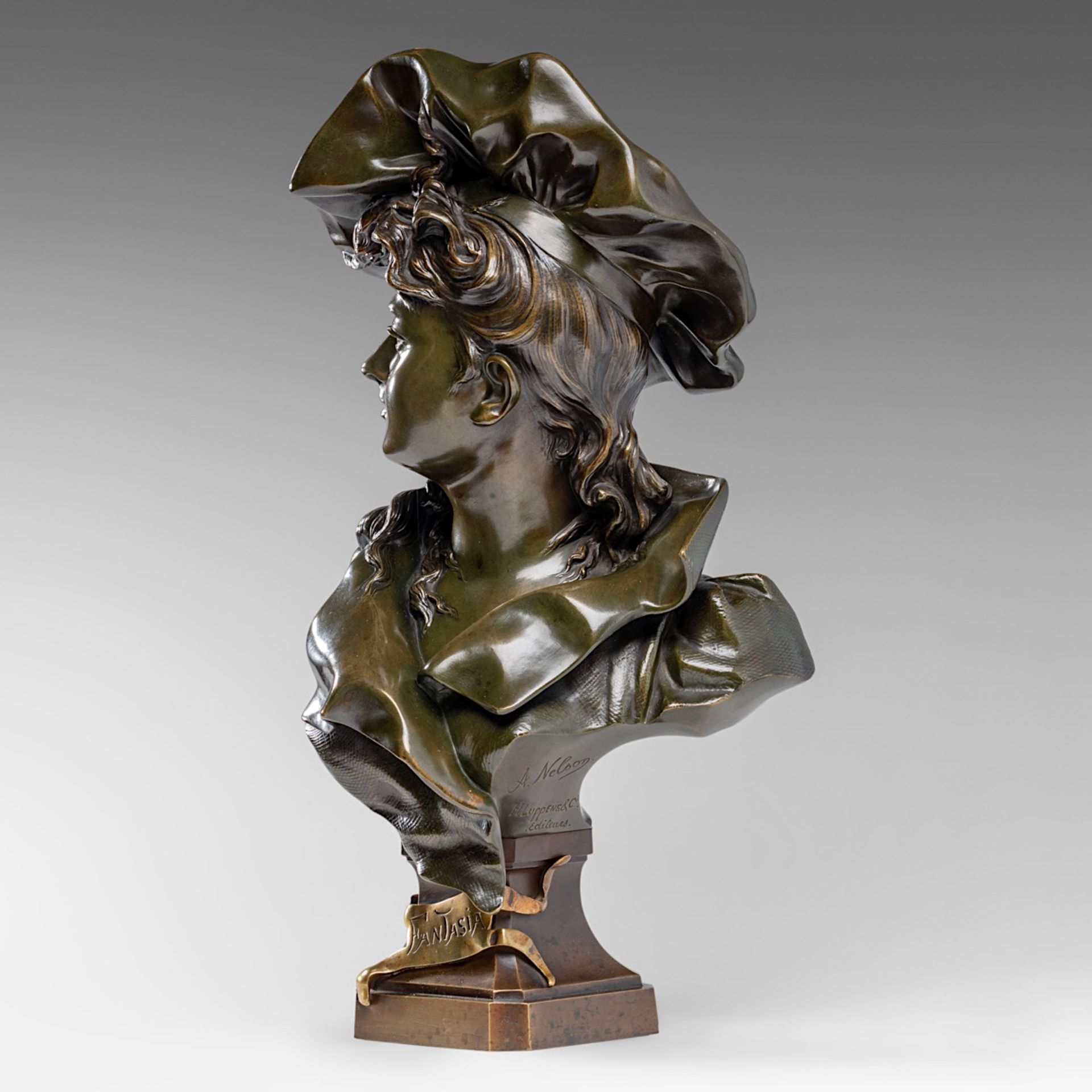 Anton Nelson (1849-1910), 'Fantasia', green patinated bronze bust, H 48 cm - Image 3 of 11