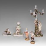 A collection of polychrome decorated Saxon porcelain figurines and a candelabra, H 51,5 cm (tallest)