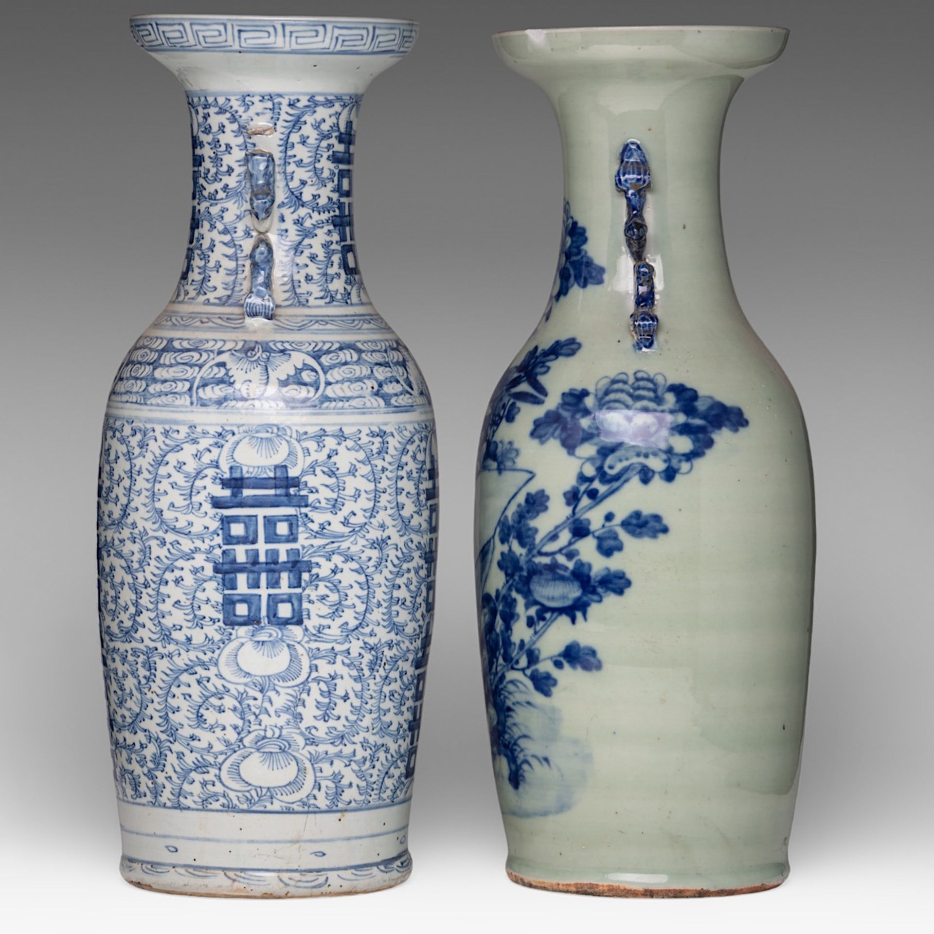 Four Chinese blue and white on celadon ground vases, including one decorated with figures, 19thC, H - Image 9 of 13