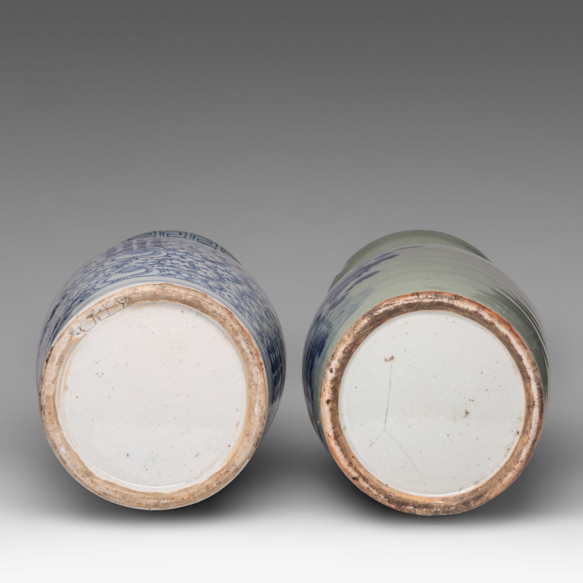 Four Chinese blue and white on celadon ground vases, including one decorated with figures, 19thC, H - Image 13 of 13