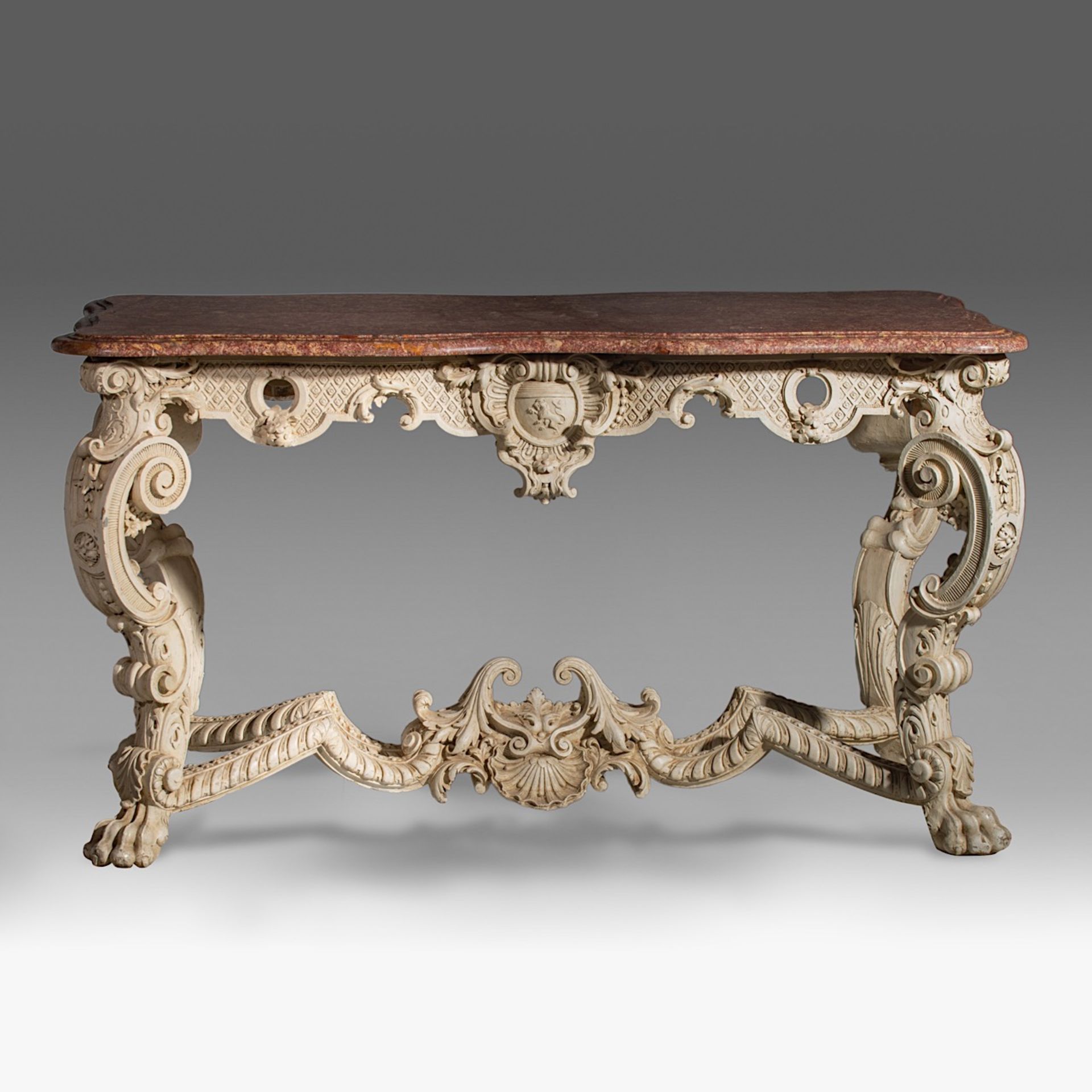 An imposing Louis XIV-style 'console de milieu' with a brocatelle marble, 19thC, H 81,5 - W 147 - D - Image 4 of 11