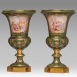 A pair of green ground Sevres type vases, decorated with hand-painted gallant scenes, H 56 cm