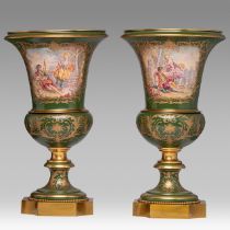 A pair of green ground Sevres type vases, decorated with hand-painted gallant scenes, H 56 cm