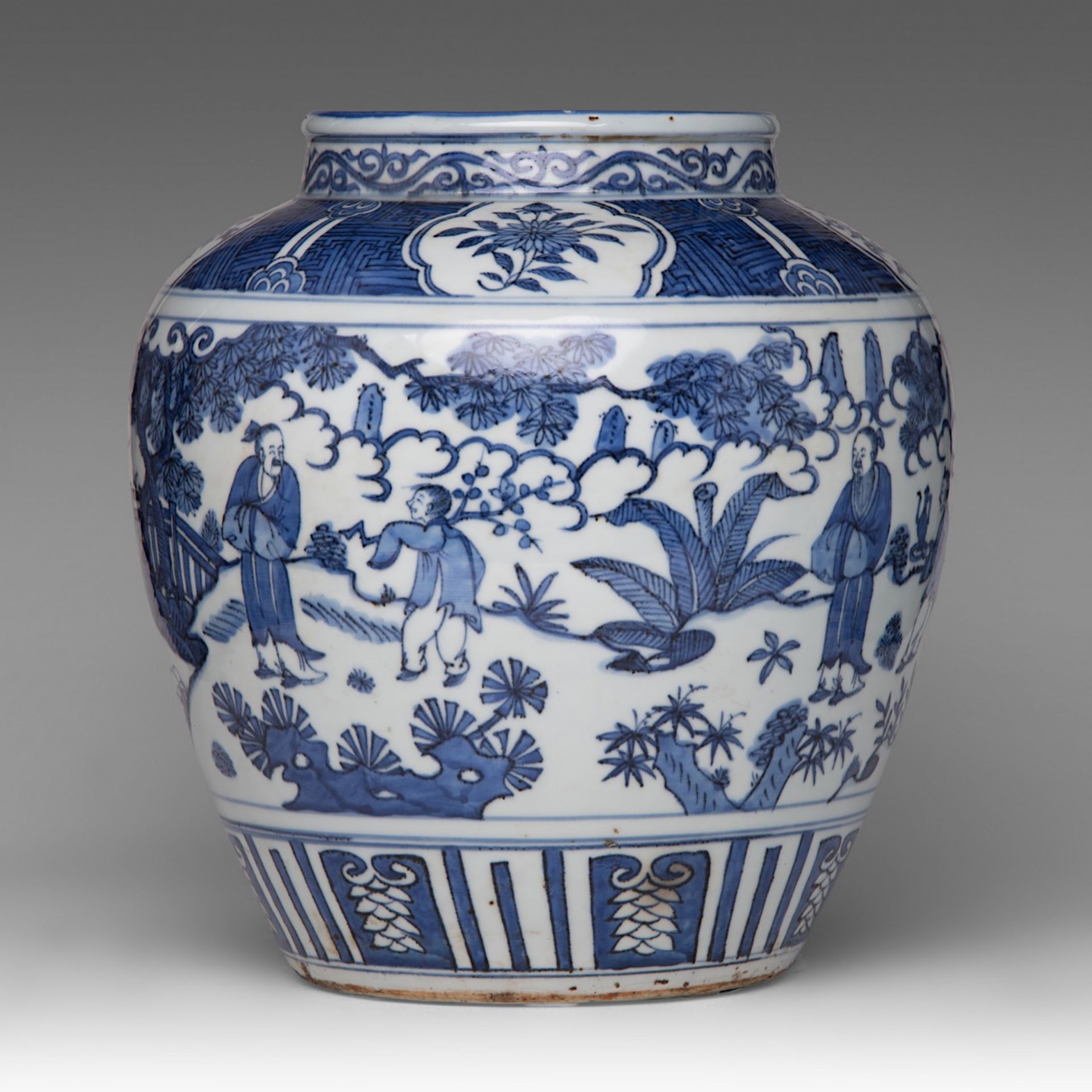 A Chinese blue and white 'Figures in a garden' jar, H 35 cm - Image 3 of 6