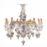 A polychrome Saxony porcelain 9-armed chandelier in Rococo style, with floral decoration, H 70 cm