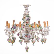A polychrome Saxony porcelain 9-armed chandelier in Rococo style, with floral decoration, H 70 cm