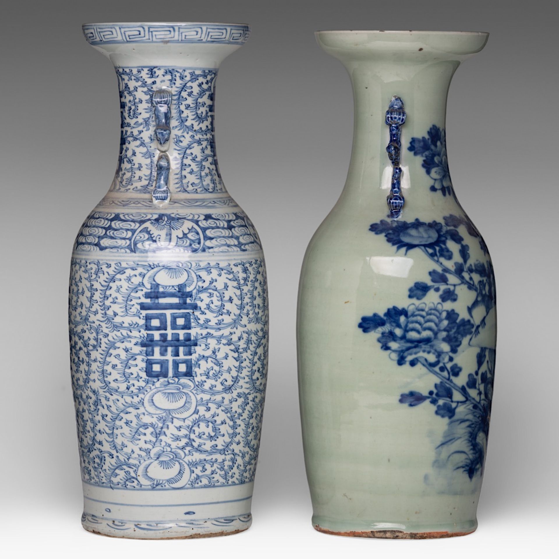 Four Chinese blue and white on celadon ground vases, including one decorated with figures, 19thC, H - Image 11 of 13