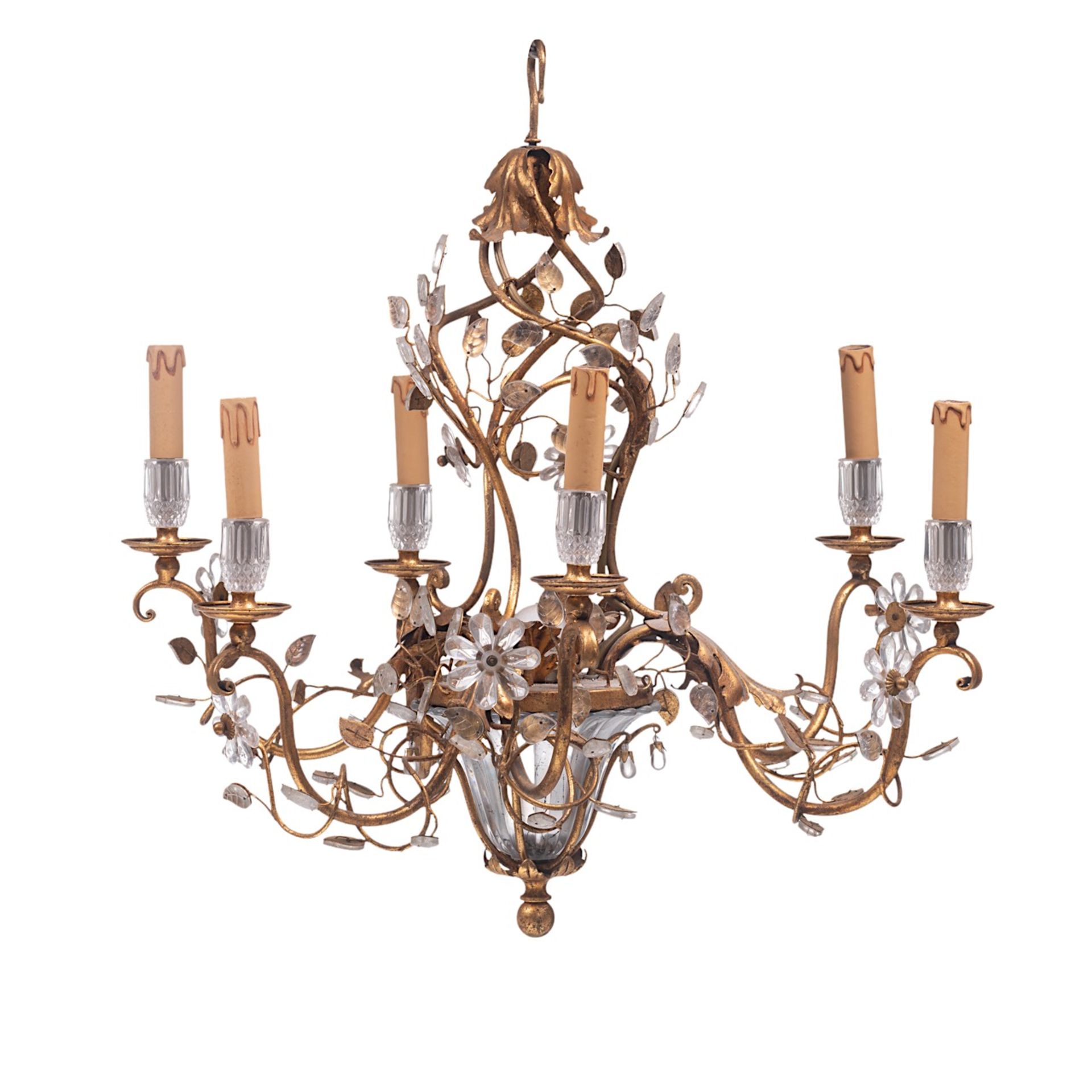 A gilt brass and cut-glass floral decorated chandelier, H 60 - dia 68 cm - Image 2 of 5