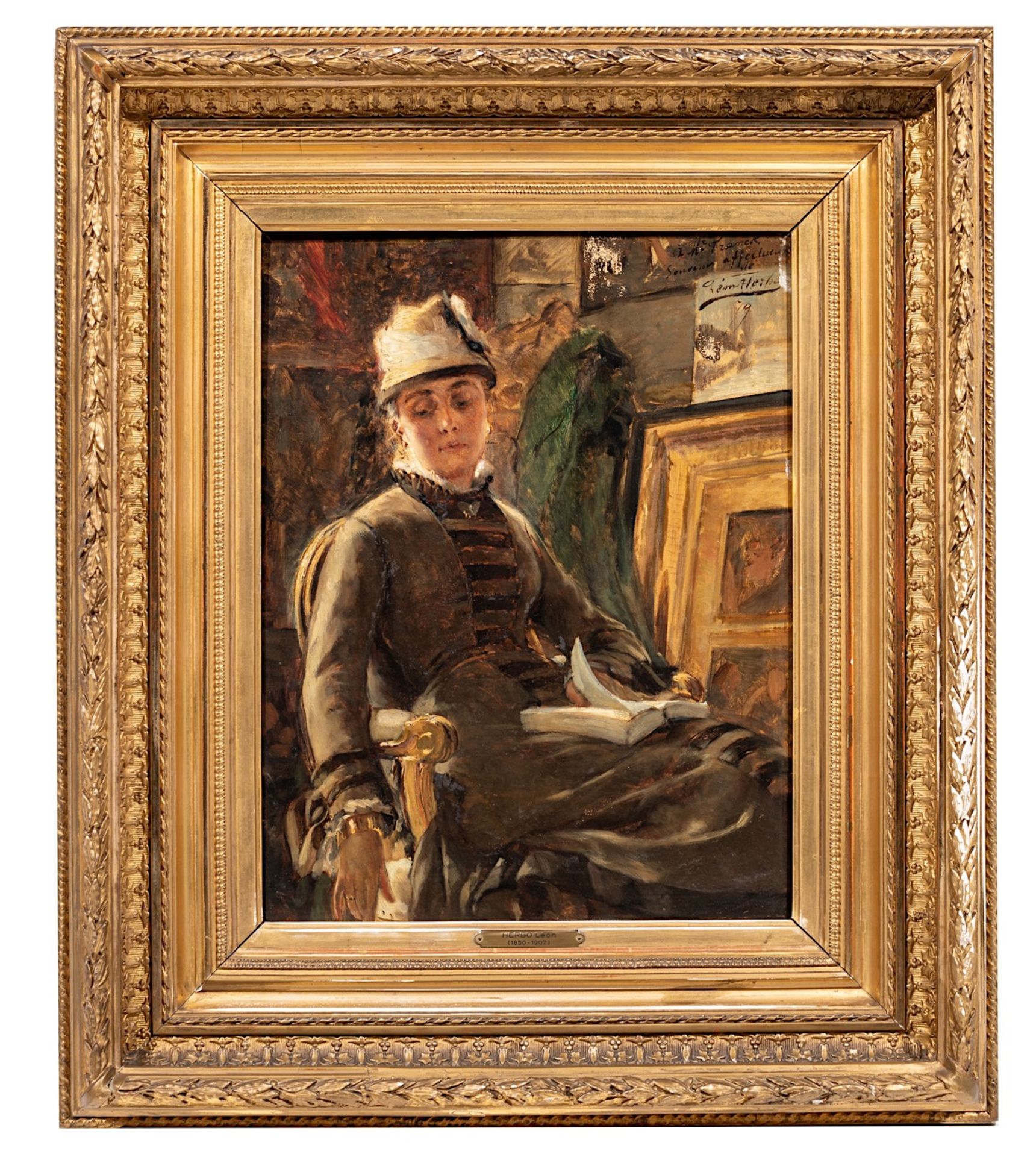Leon Herbo (1850-1907), portrait of Mme Franck reading in an interior, 1879, oil on mahogany 42 x 32 - Image 2 of 5